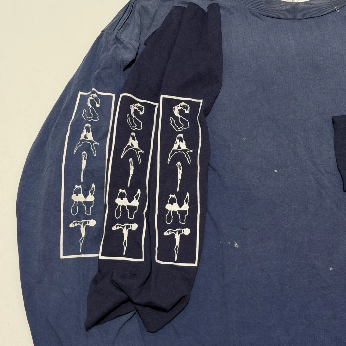 SAINT Mxxxxxx × BABYLON BBLN_LS TEE/SAINT BABYLON/NVY/BABYLON co-branded style Wolf head SAINT/nail distressed long sleeves Washed blue S-XL Completely matched Tube weaving fabric without side seams Garment dyeing Maliu water faded distressing Simulated sun fading treatment Natural fading Handmade holes and frayed Ink splashing treatment Correct main mark/wash mark/little angel anti-counterfeiting mark